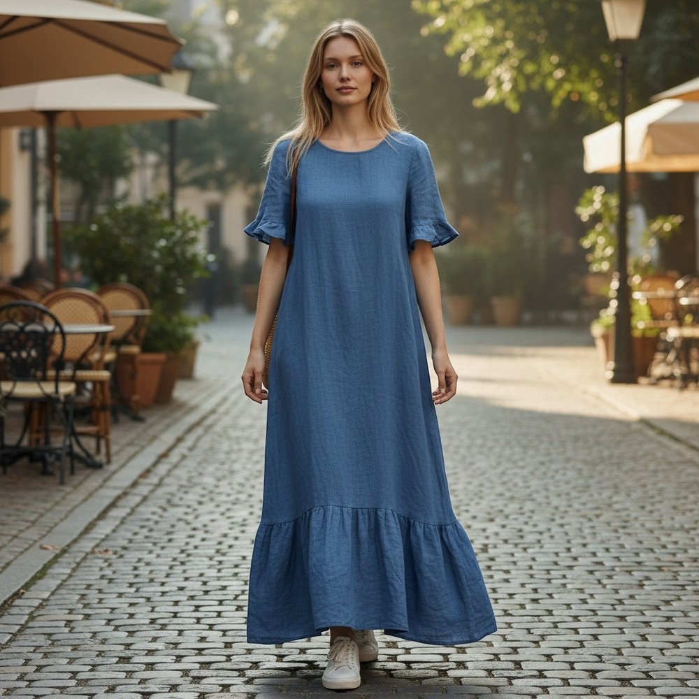 Liz Claiborne Liz Now Maxi Dress Womens Blue 100% Linen Ruffle Hem Vintage